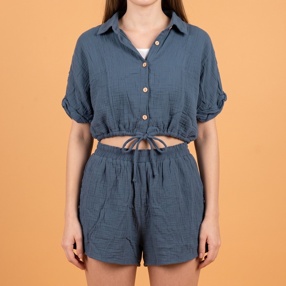Emery Rose Short Set Womens M Teal Blue Cotton Gauze Cropped Button Down EUC